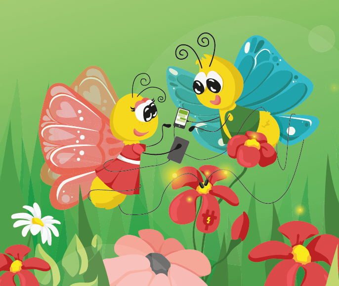 Das Symbolbild zeigt zwei Comic-artig gezeichnete Schmetterlinge mit Handys und unterstreicht damit das Projekt Medienstarter, eine Medienpädagogik Weiterbildung für Erzieher und Kitas, damit die Medienkompetenz von Kindern in Mecklenburg-Vorpommern gestärkt wird.