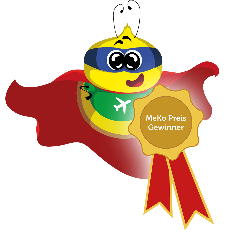 Das Symbolbild zeigt eine Comic-artig gezeichnete Bienen mitsamt Meko Preis Gewinner Auszeichnung und unterstreicht damit das Projekt Medienstarter, eine Medienpädagogik Weiterbildung für Erzieher und Kitas, damit die Medienkompetenz von Kindern in Mecklenburg-Vorpommern gestärkt wird.